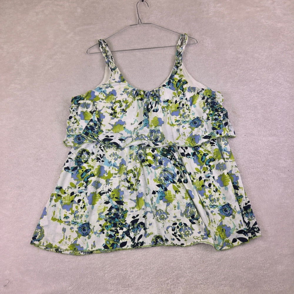 Abstract Floral Ruffle Tiered Cami Tank Top Blue Green Sleeveless Blouse